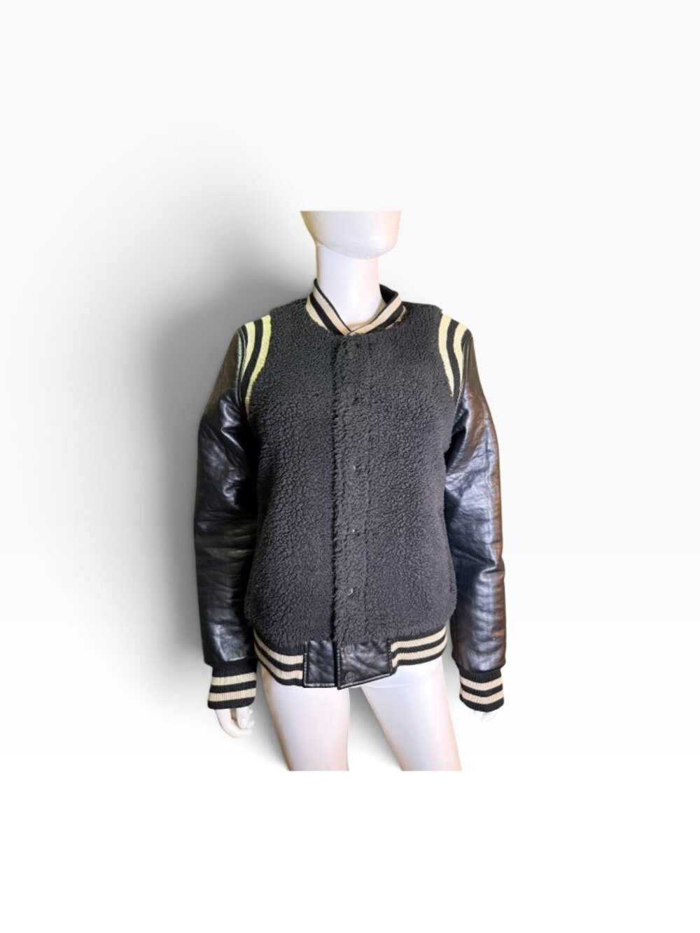 Mother Snap Letterman Varsity Rib Jacket Black & Cream Size Womens L MSRP $500